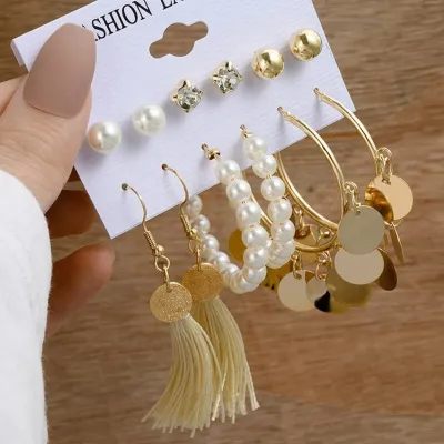 6 pairs Fashionable Pearl Geometric Tassel Earrings Set
